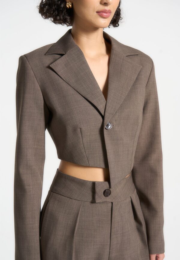 Asymmetric Tailored Cropped Blazer - Dark Taupe - Image 4