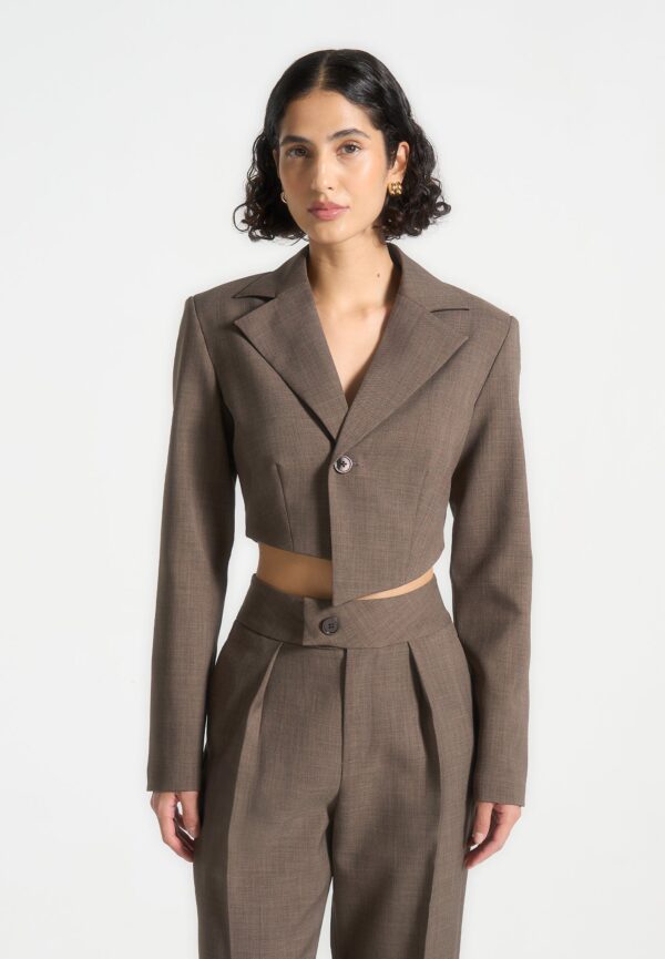 Asymmetric Tailored Cropped Blazer - Dark Taupe - Image 2