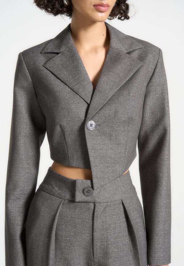 Asymmetric Tailored Cropped Blazer - Grey Marl - Image 2