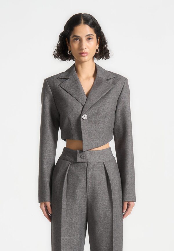 Asymmetric Tailored Cropped Blazer - Grey Marl - Image 4