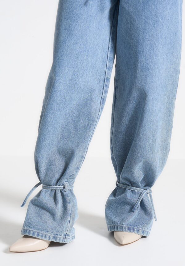Baggy Mid Rise Jeans with Tie Waist - Mid Blue - Image 3