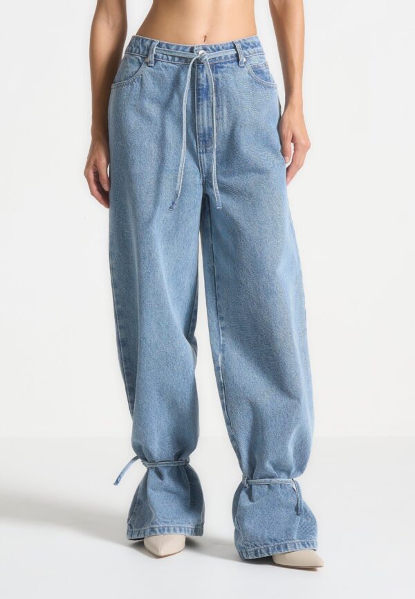 Baggy Mid Rise Jeans with Tie Waist - Mid Blue - Image 7