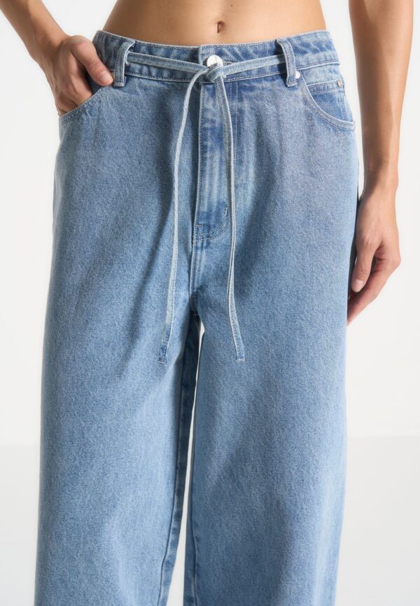 Baggy Mid Rise Jeans with Tie Waist - Mid Blue - Image 6