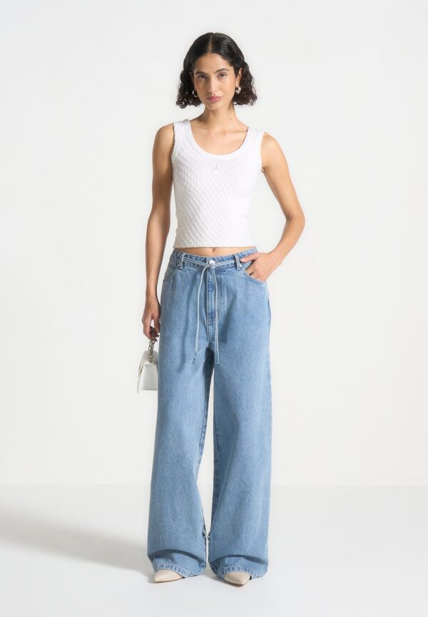 Baggy Mid Rise Jeans with Tie Waist - Mid Blue - Image 5