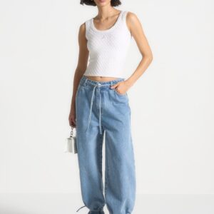Baggy Mid Rise Jeans with Tie Waist - Mid Blue
