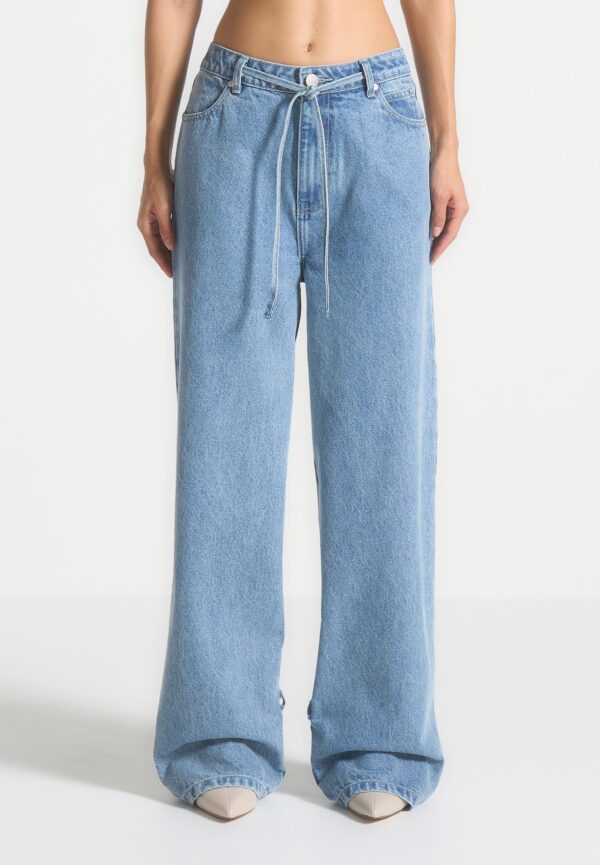 Baggy Mid Rise Jeans with Tie Waist - Mid Blue - Image 2