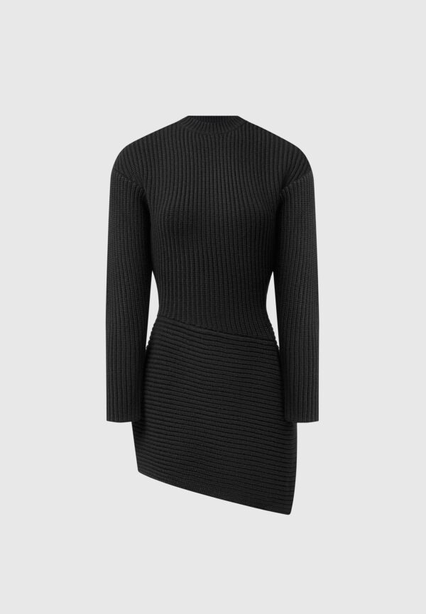 Asymmetric Knit Jumper Dress - Black - Image 6