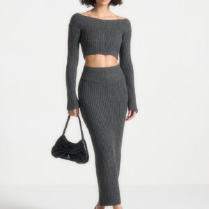 Angled Waist Knit Maxi Skirt - Grey Marl