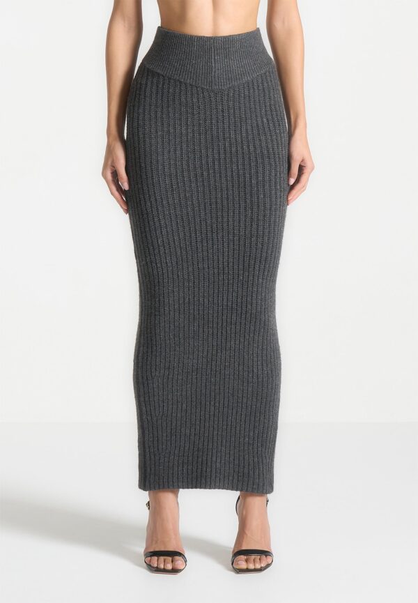 Angled Waist Knit Maxi Skirt - Grey Marl - Image 2