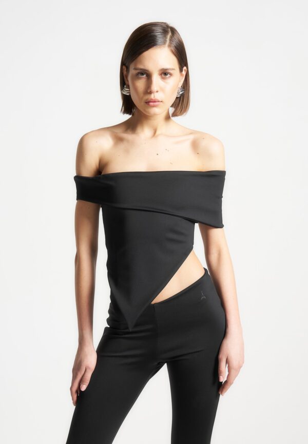 Angled Hem Bardot Top - Black - Image 2