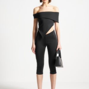 Angled Hem Bardot Top - Black