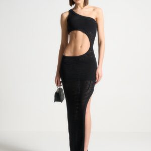 Asymmetric Crochet Knit Cut Out Maxi Dress - Black