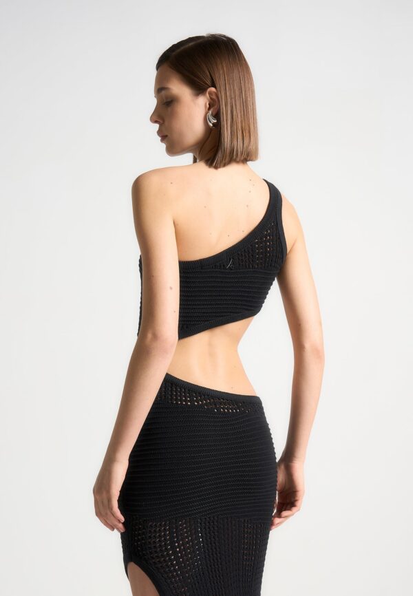 Asymmetric Crochet Knit Cut Out Maxi Dress - Black - Image 2