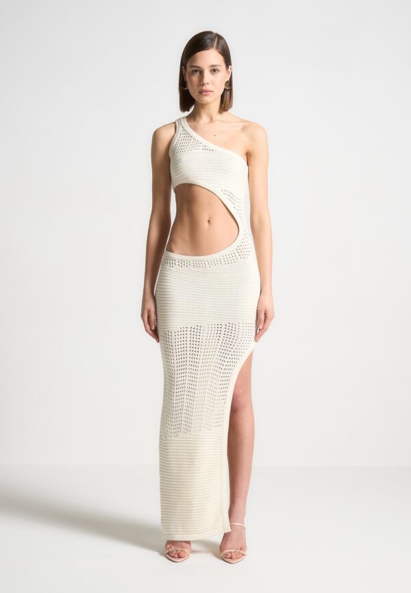 Asymmetric Crochet Knit Cut Out Maxi Dress - Cream - Image 4