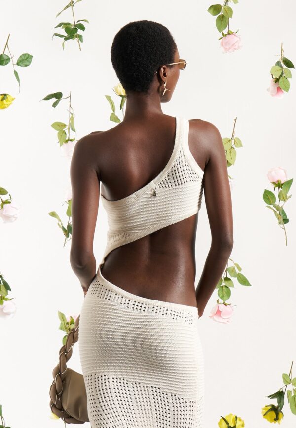 Asymmetric Crochet Knit Cut Out Maxi Dress - Cream - Image 2