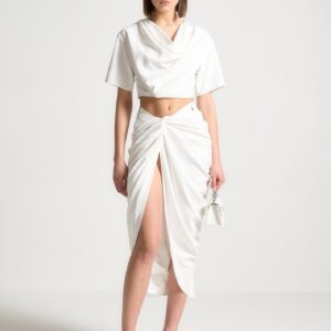 Asymmetric Drape Midaxi Skirt - White